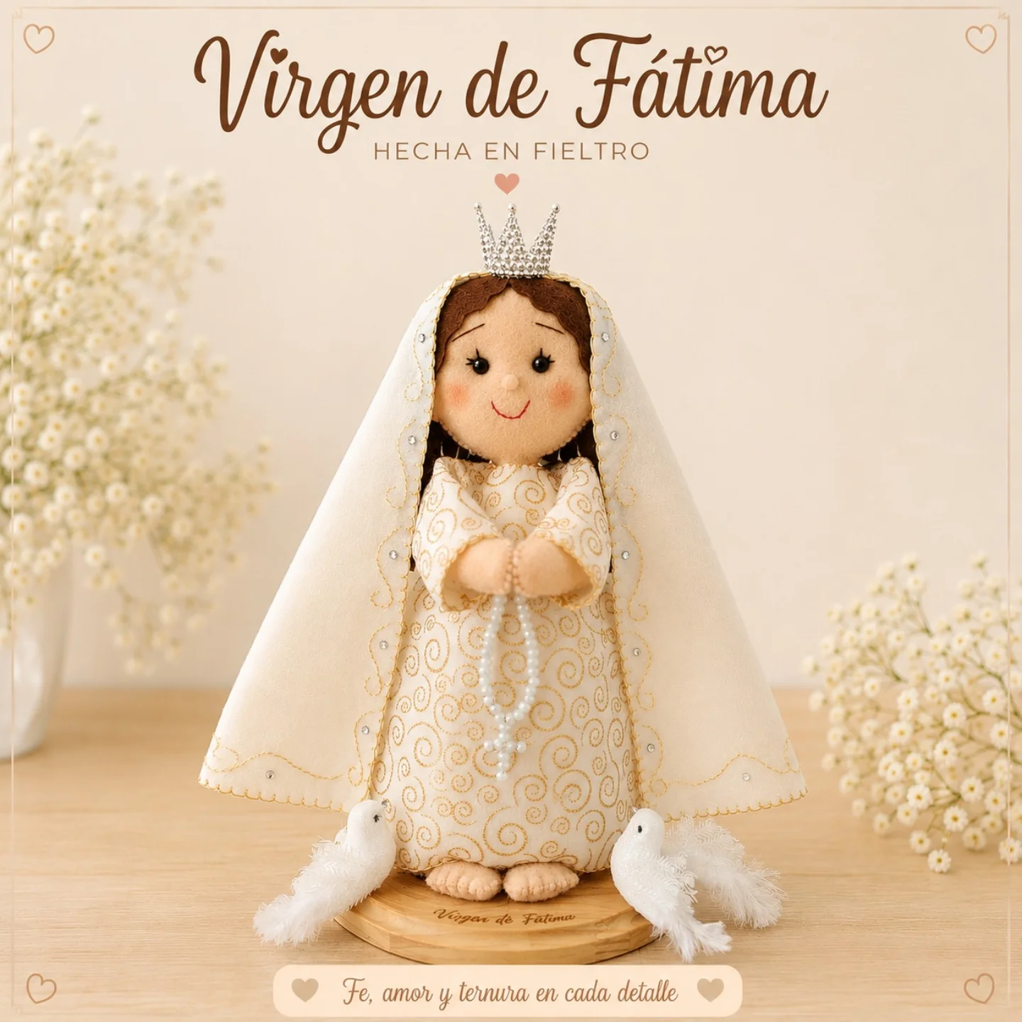 Virgen del Carmen — Muñeco artesanal de fieltro con Niño Jesús, corona plateada y base de madera grabada
